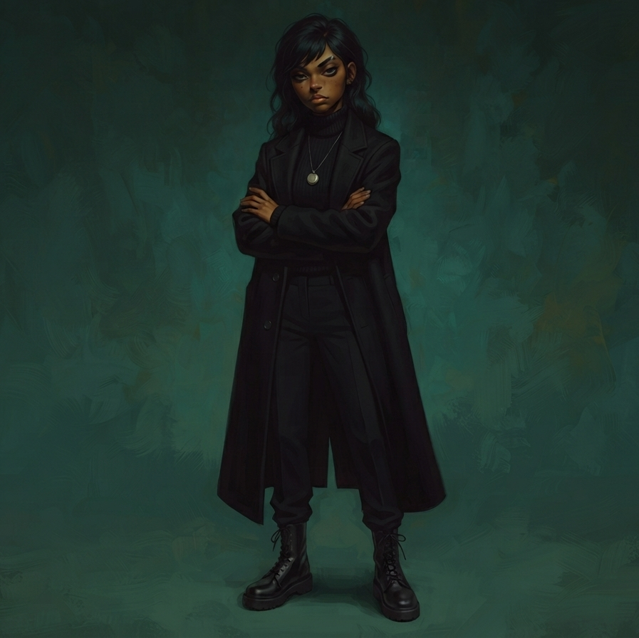 Aeris Mandrake in a long black coat