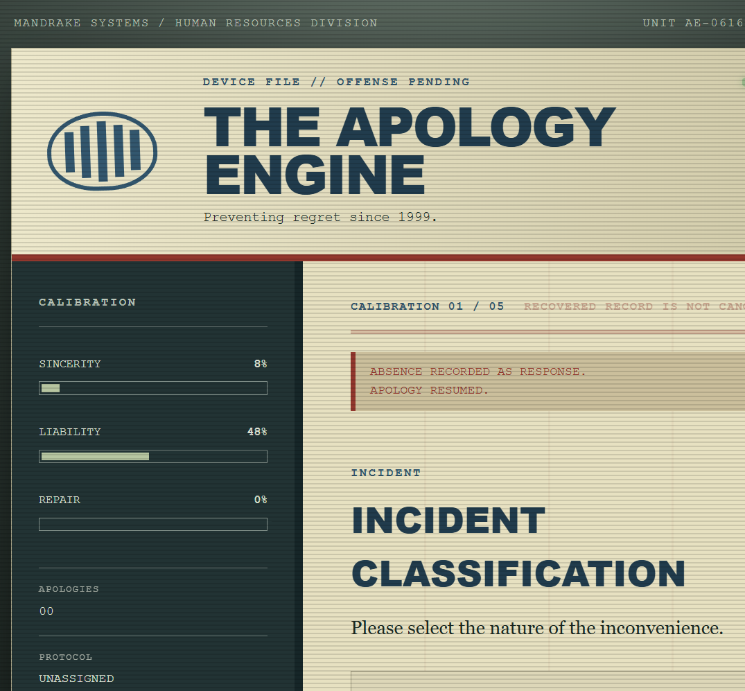 The Apology Engine recovered Mandrake Systems interface