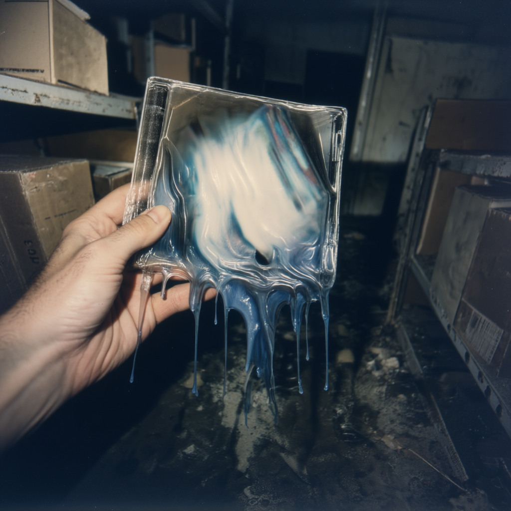 A melting CD album held inside a faded, liminal room