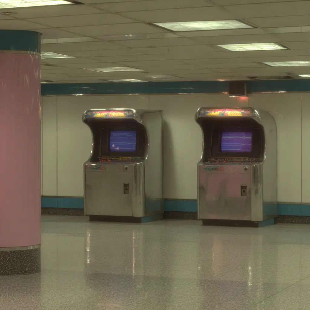 Two arcade cabinets in the restored Butterscotch entrance gallery