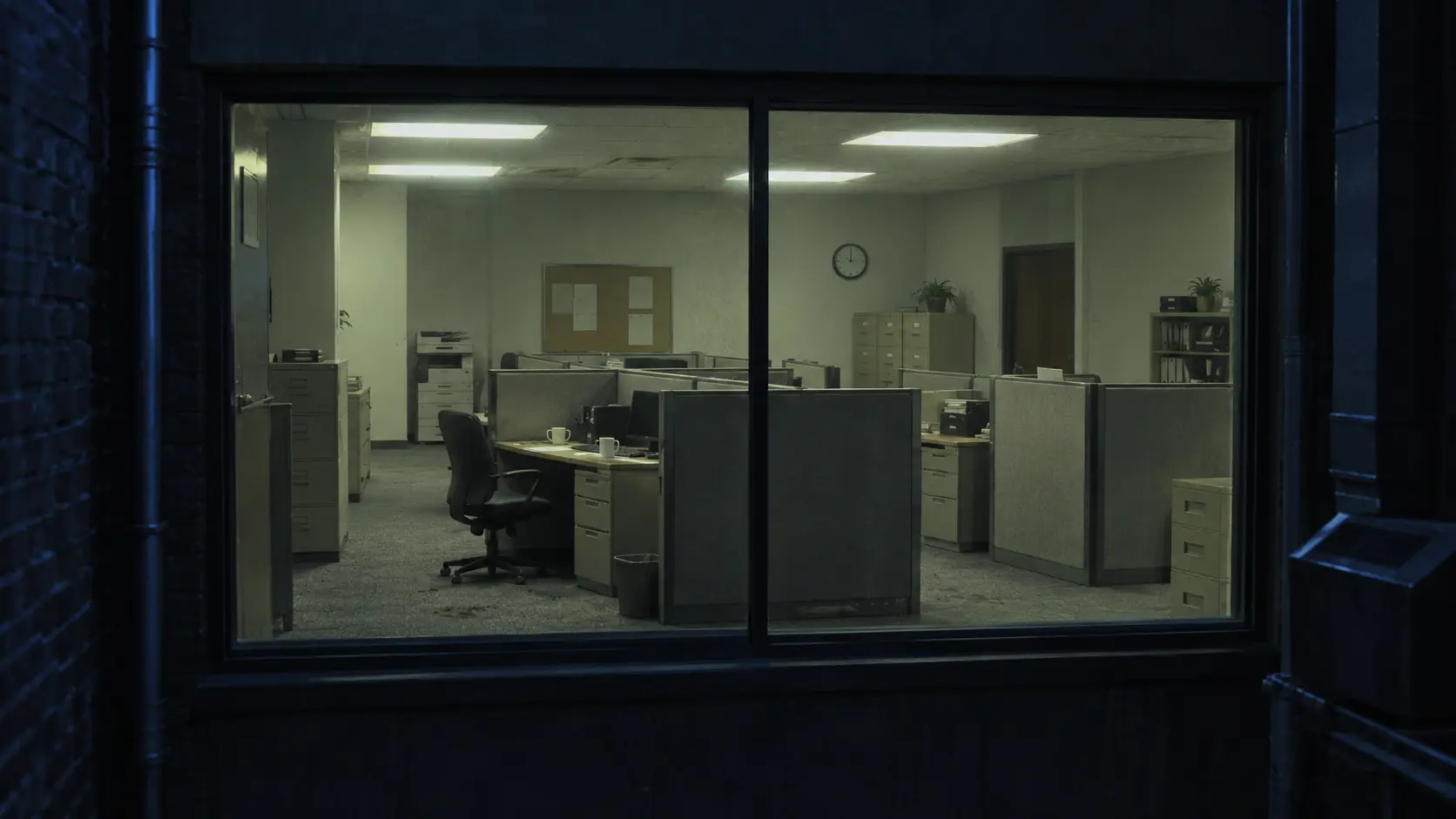 An empty fluorescent office viewed through a window at night